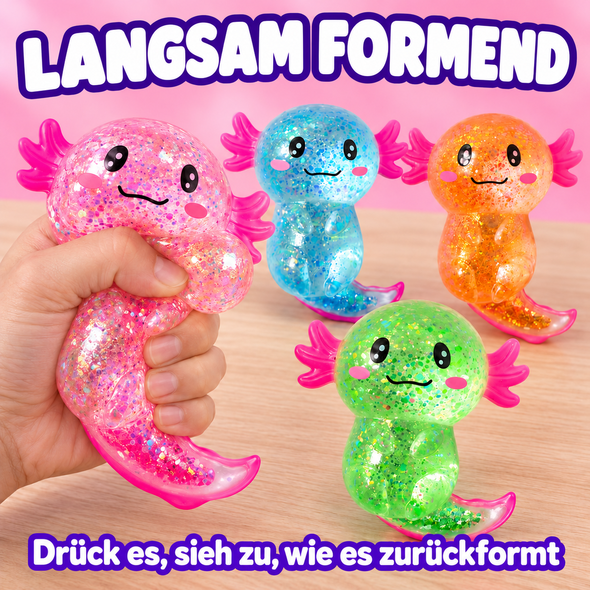 Nordspur | Axolotl Squishy 4er-Pack, langsam aufgehende Glitzer-Stressspielzeuge