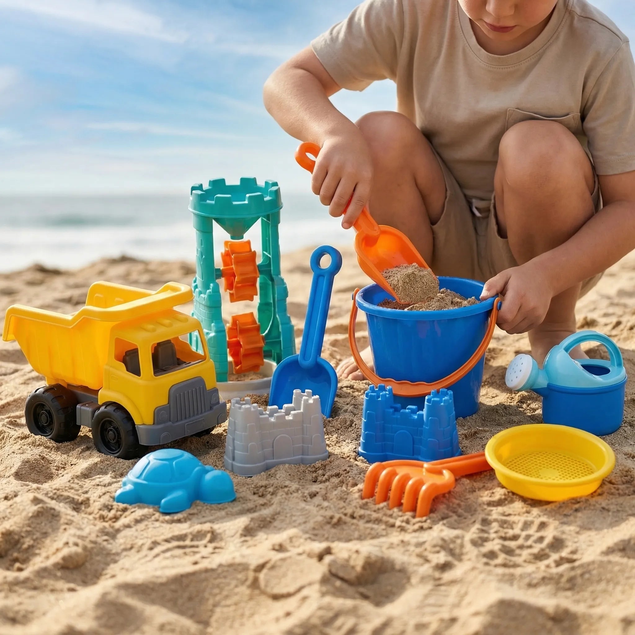 Kinder Strandspielzeug Set mit Eimer, Schaufel, Sanduhr und ATV