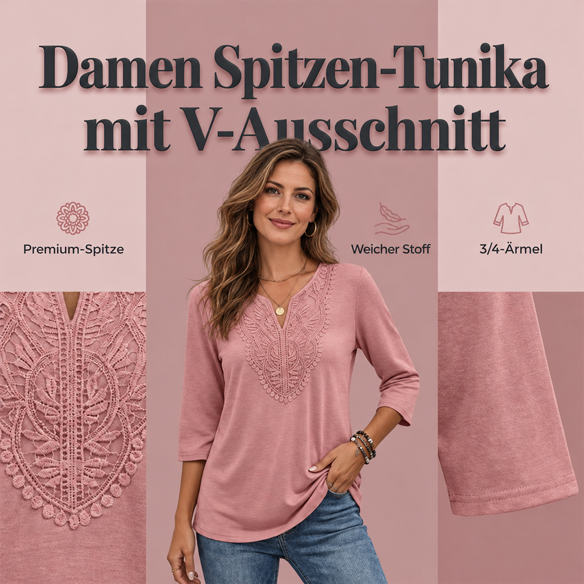 Nordspur | Bluse mit Spitzenbesatz und V-Ausschnitt – Atmungsaktiver Stoff & Schmeichelnder Fall für Büro oder Freizeit