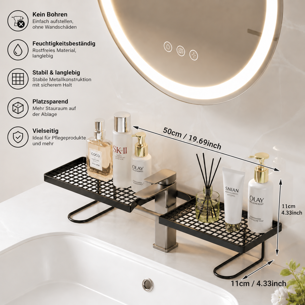 Nordspur | Bohrfreies feuchtigkeitsbeständiges Badezimmer-Arbeitsplatten-Organizer-Regal