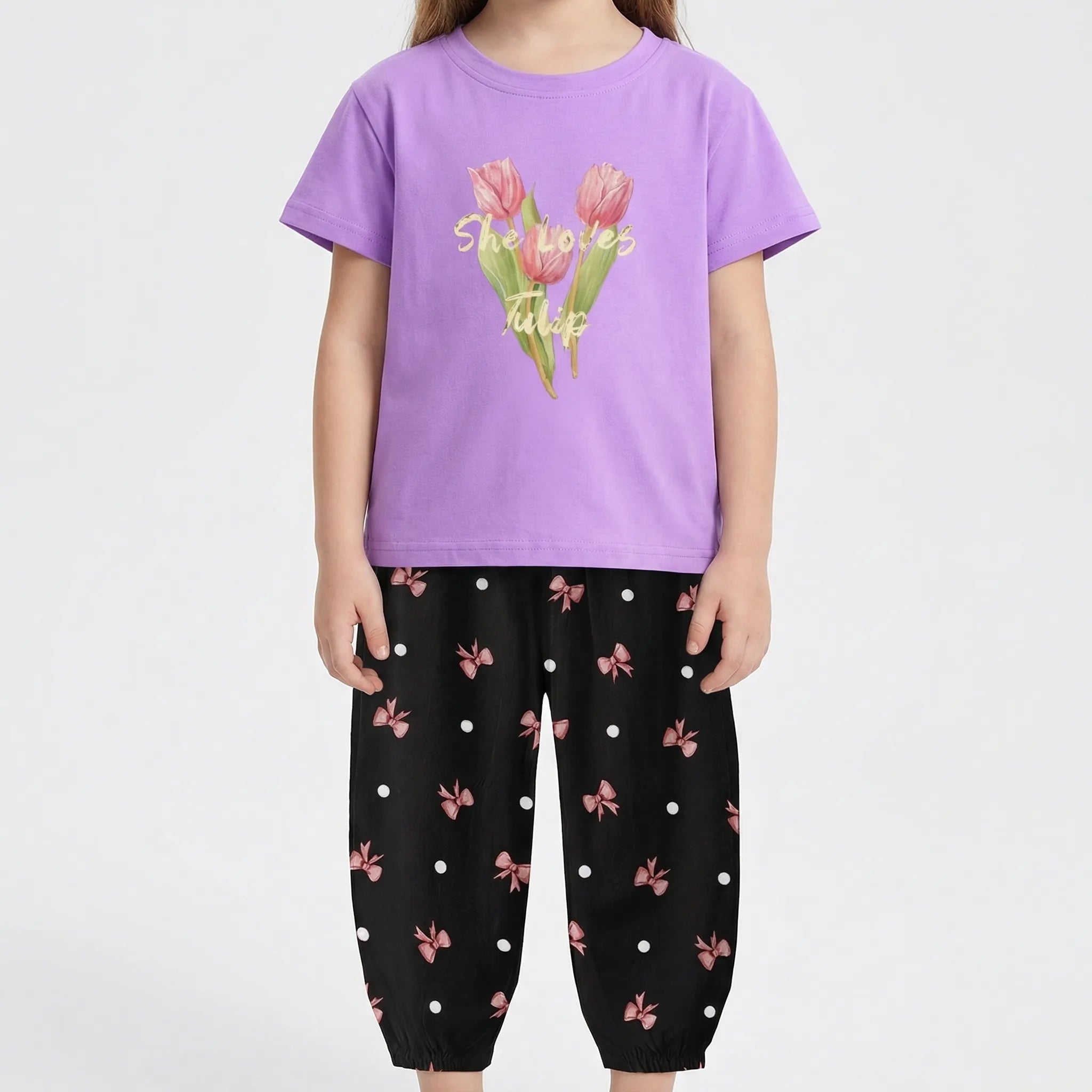 Mädchen Sommer Set 2-teilig Schleifenmuster T-Shirt Hose Kleinkinder
