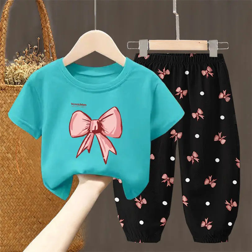Mädchen Sommer Set 2-teilig Schleifenmuster T-Shirt Hose Kleinkinder