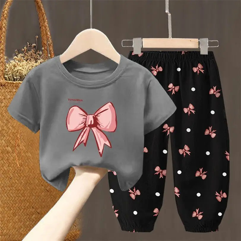 Mädchen Sommer Set 2-teilig Schleifenmuster T-Shirt Hose Kleinkinder