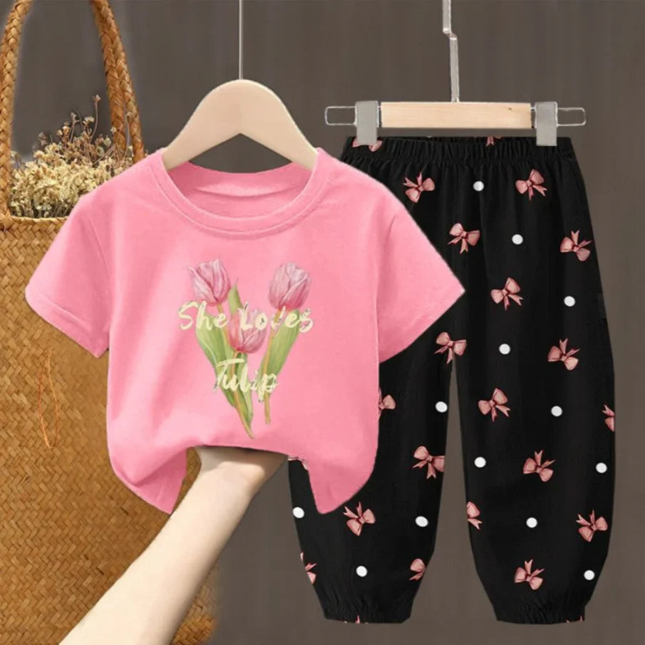 Mädchen Sommer Set 2-teilig Schleifenmuster T-Shirt Hose Kleinkinder