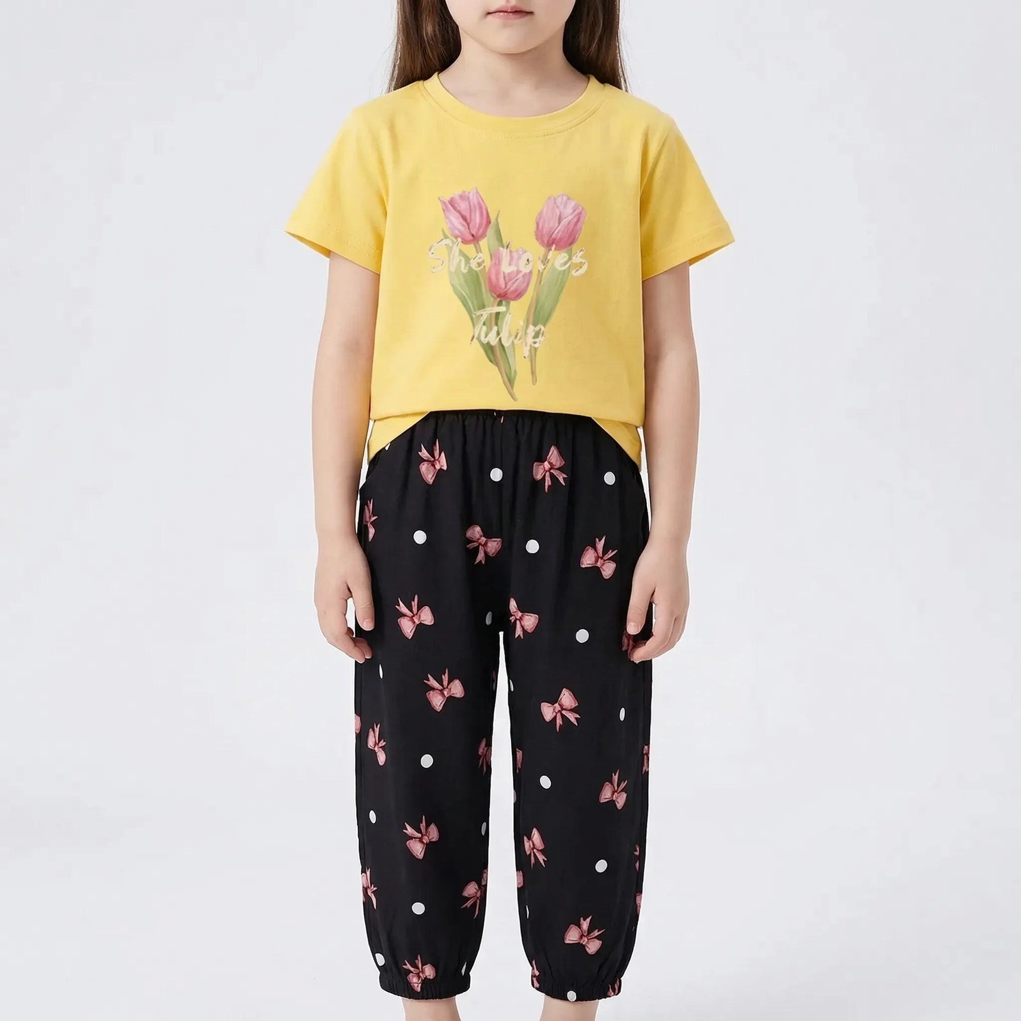 Mädchen Sommer Set 2-teilig Schleifenmuster T-Shirt Hose Kleinkinder