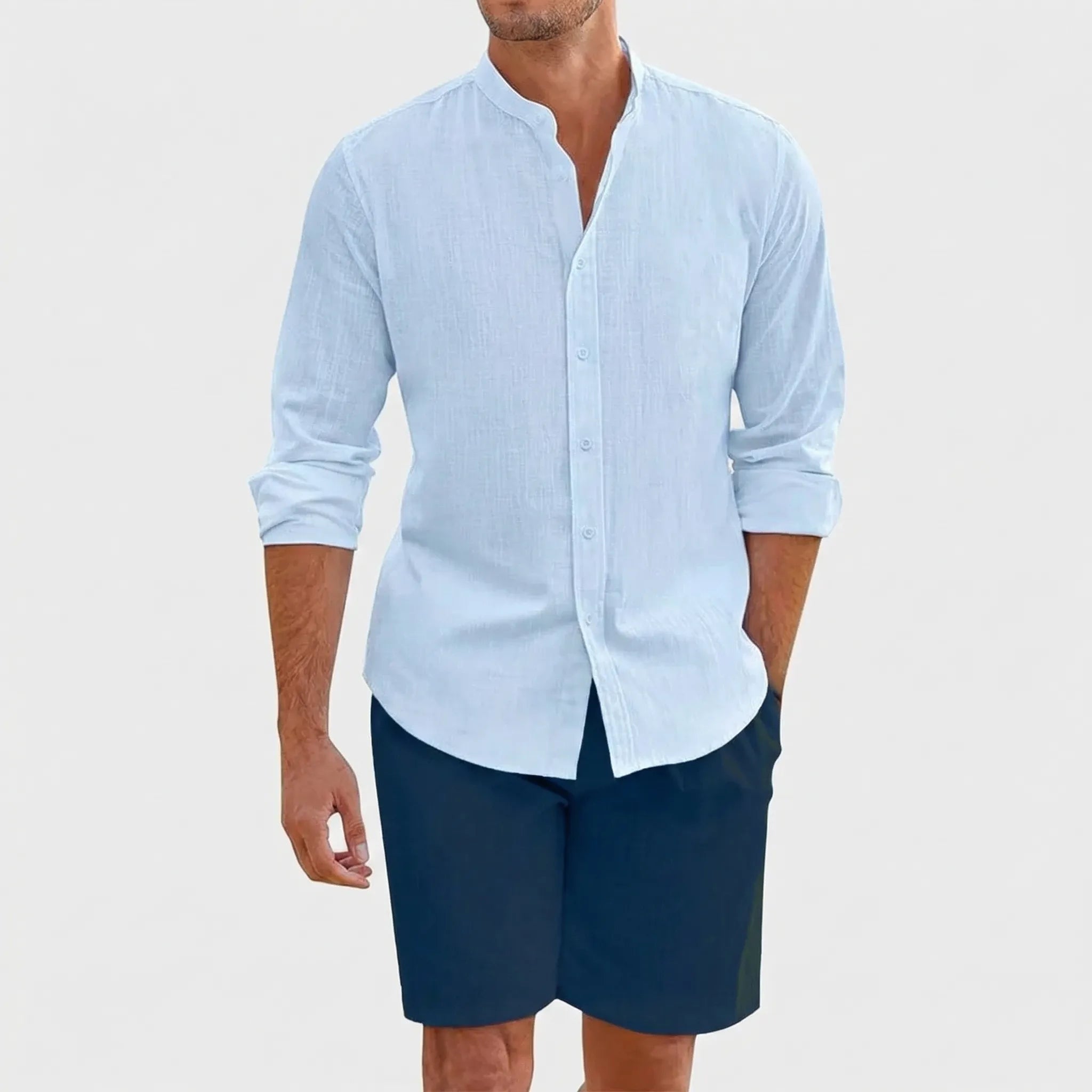 Herren Sommer Hemd Shorts Set atmungsaktiv leicht Stehkragen