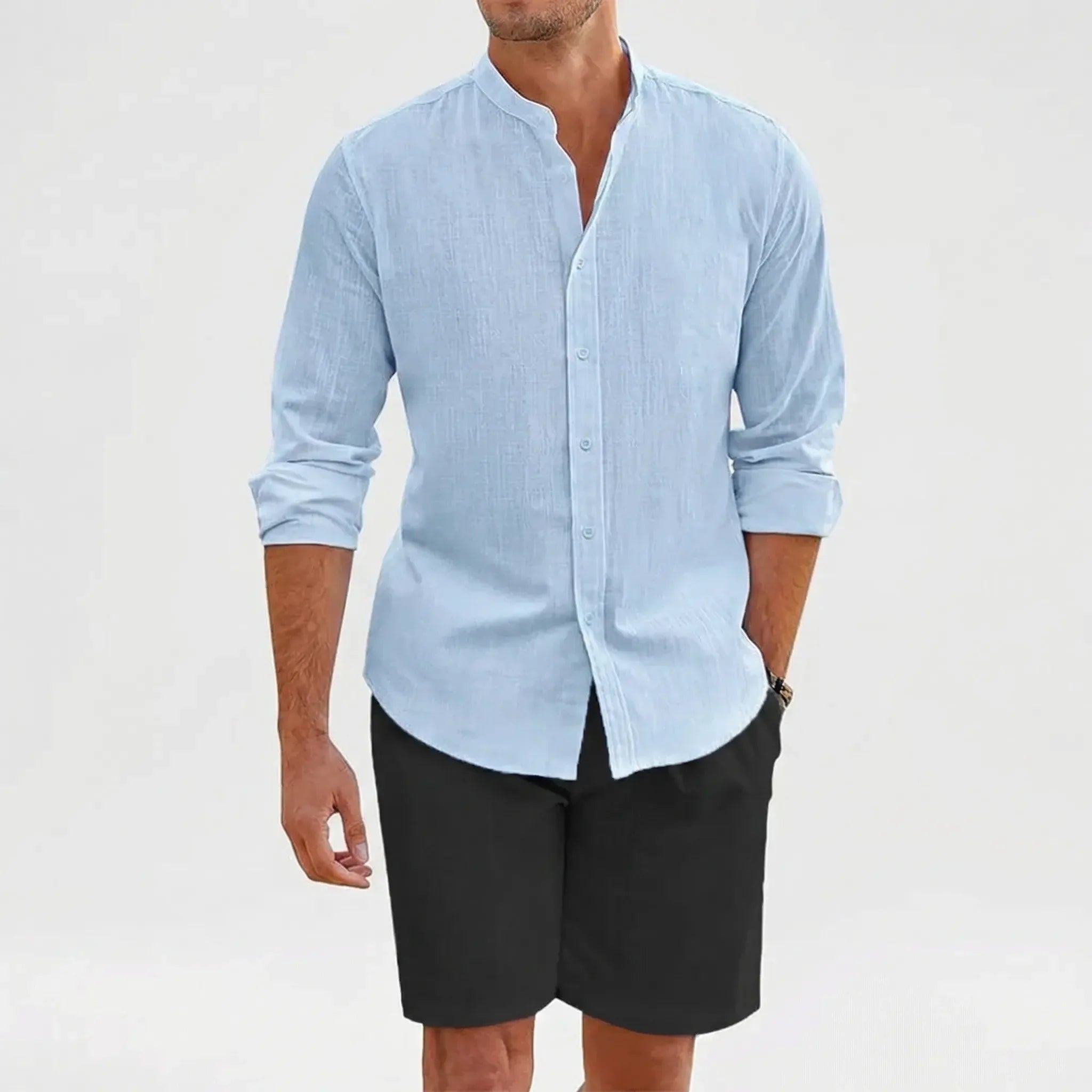 Herren Sommer Hemd Shorts Set atmungsaktiv leicht Stehkragen