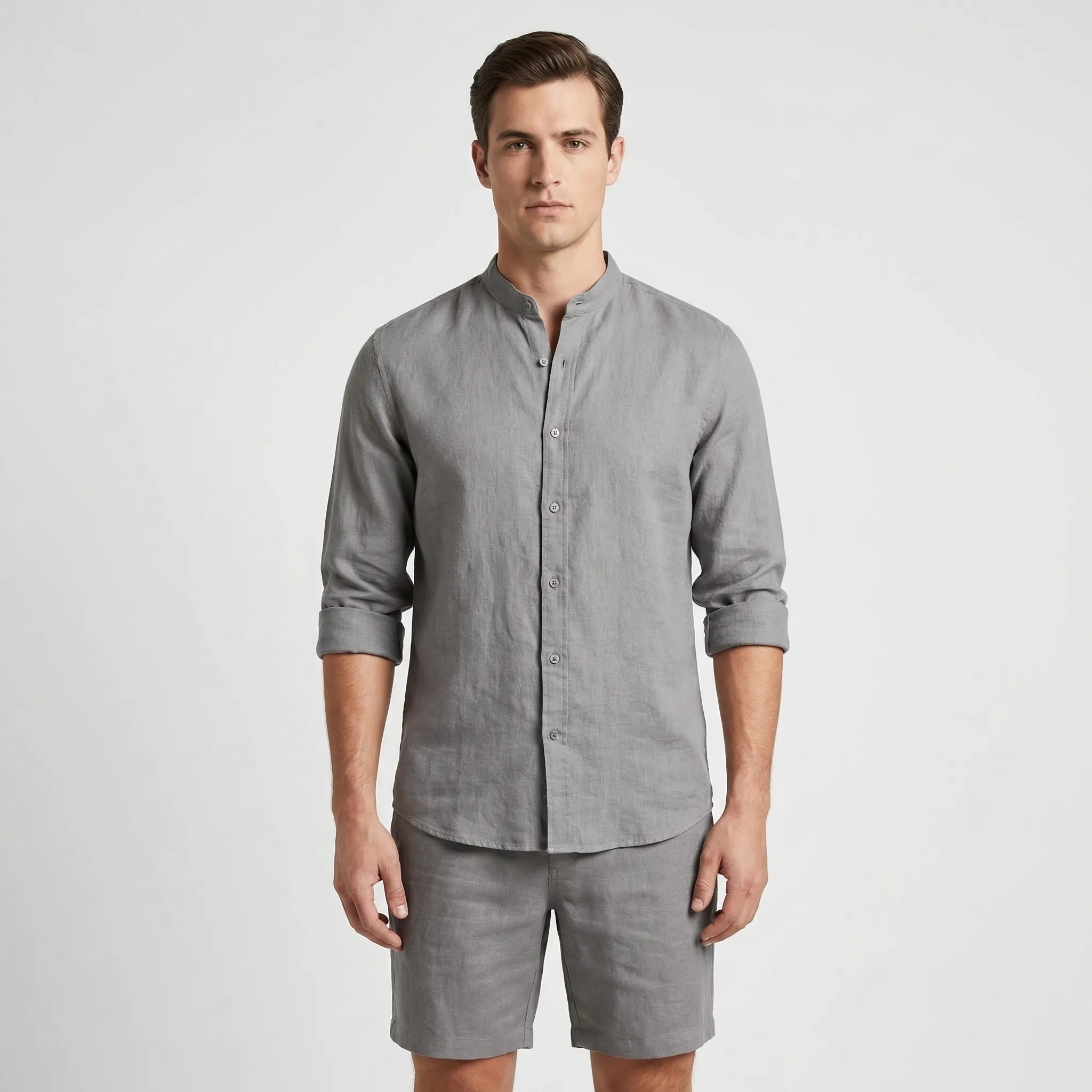 Herren Sommer Hemd Shorts Set atmungsaktiv leicht Stehkragen