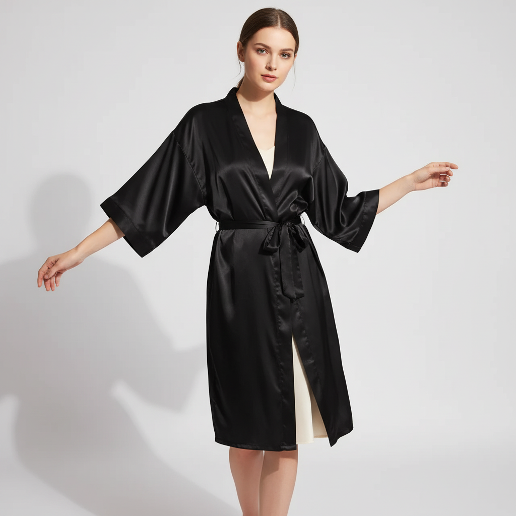 Kimono-Hochzeitsbademantel mit Dreiviertelbaumaterial und Taillenbund