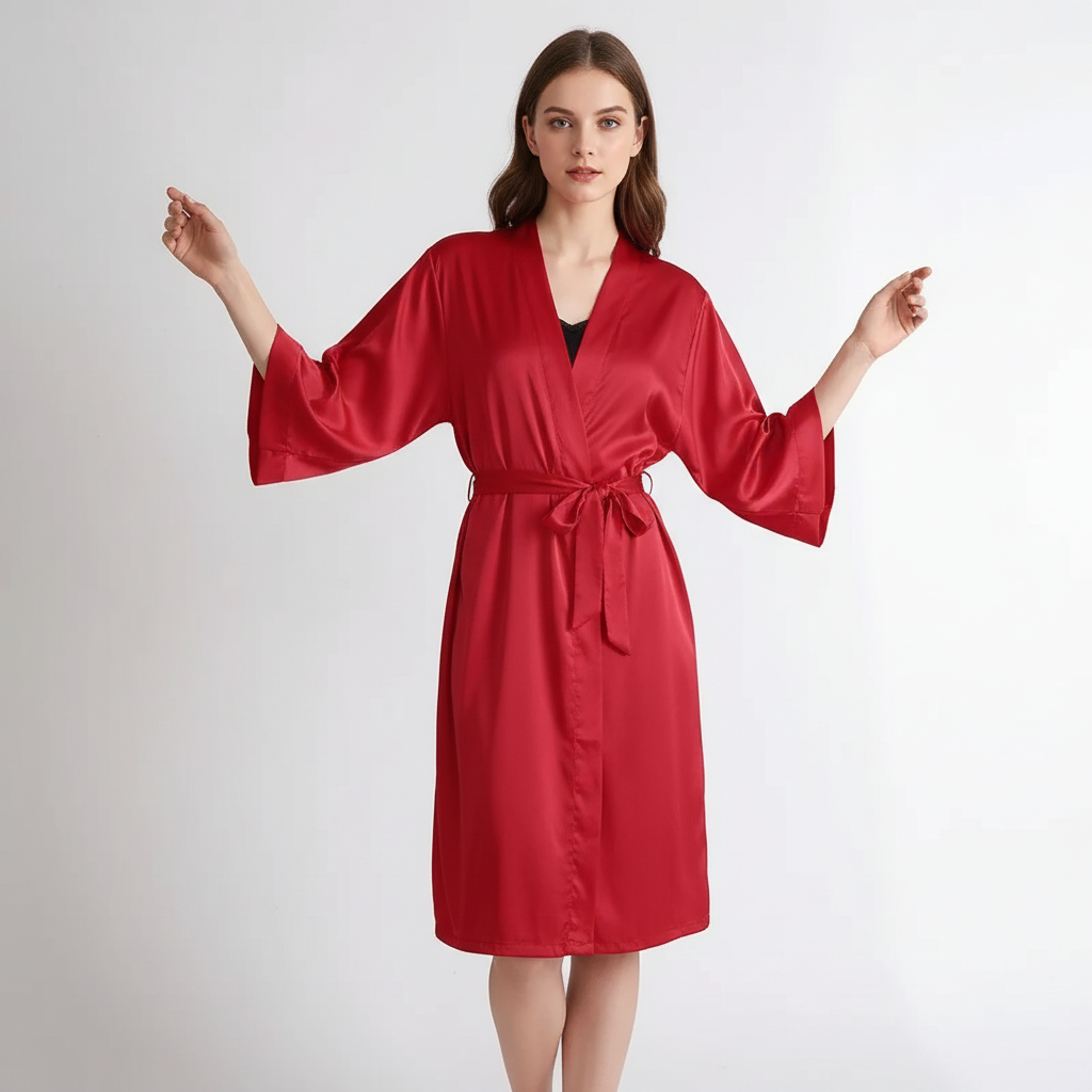 Kimono-Hochzeitsbademantel mit Dreiviertelbaumaterial und Taillenbund