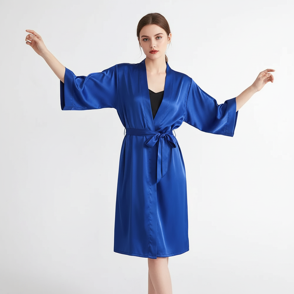 Kimono-Hochzeitsbademantel mit Dreiviertelbaumaterial und Taillenbund