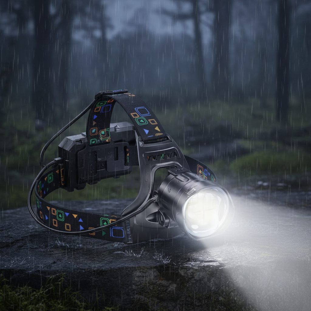Stirnlampe mit zoombar XHP100-LED und Fernbeamstrahlung