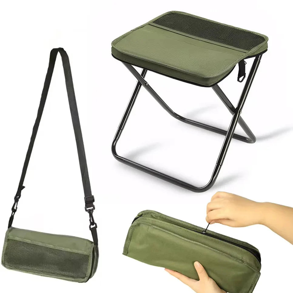 Klappbarer Campinghocker mit Stahlrahmen und Tragetasche