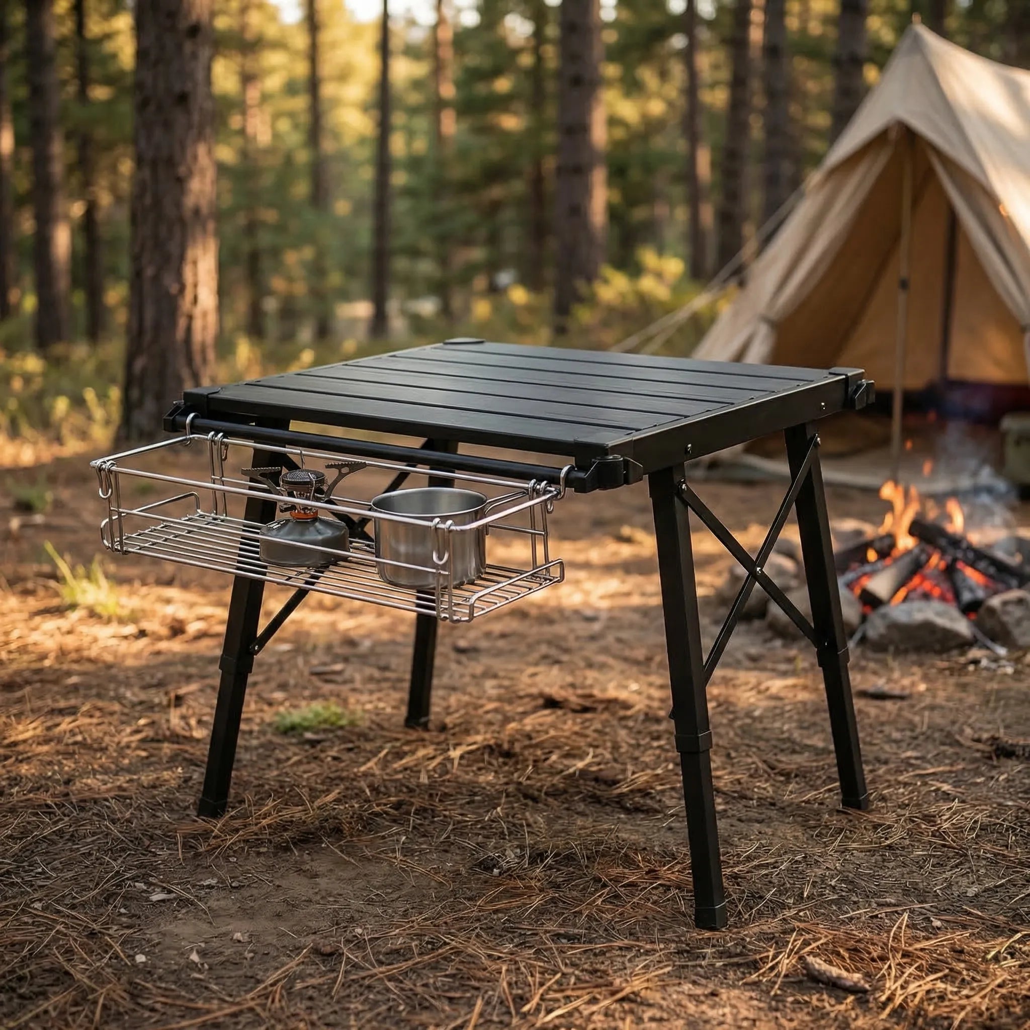 Klappbarer Camping-Tisch mit verstellbaren Beinen und Brennerpanel