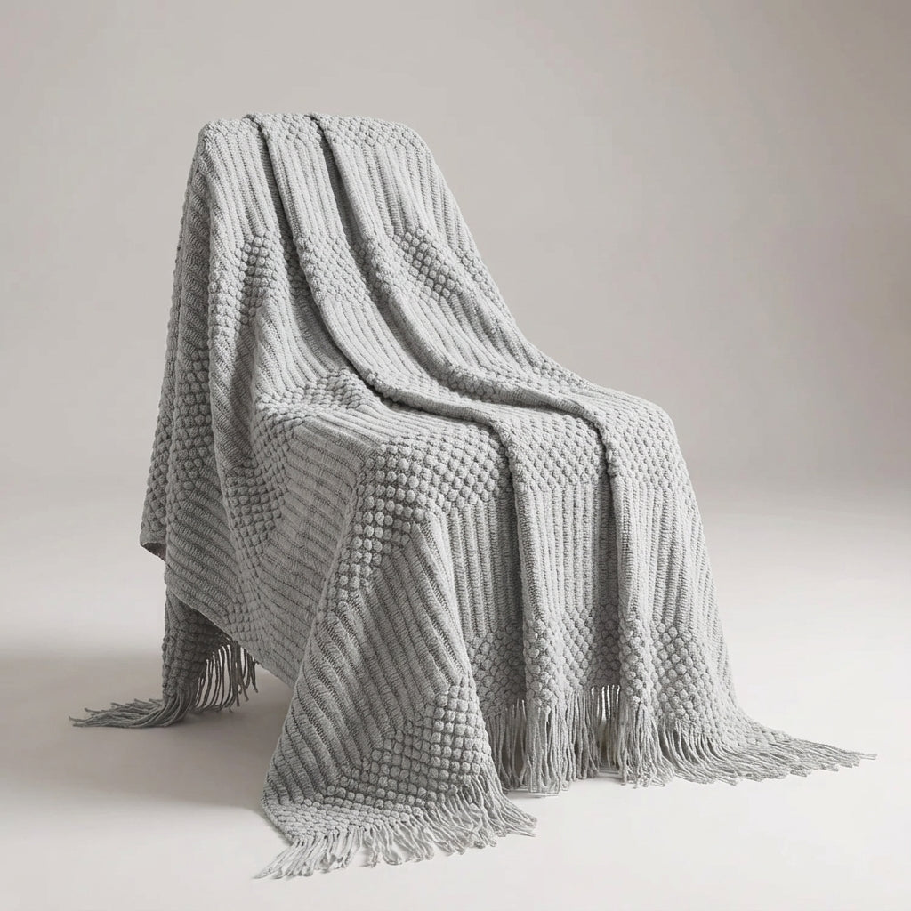Bunte Strickdecke geometrische Streifen Fransen Bohème-Design