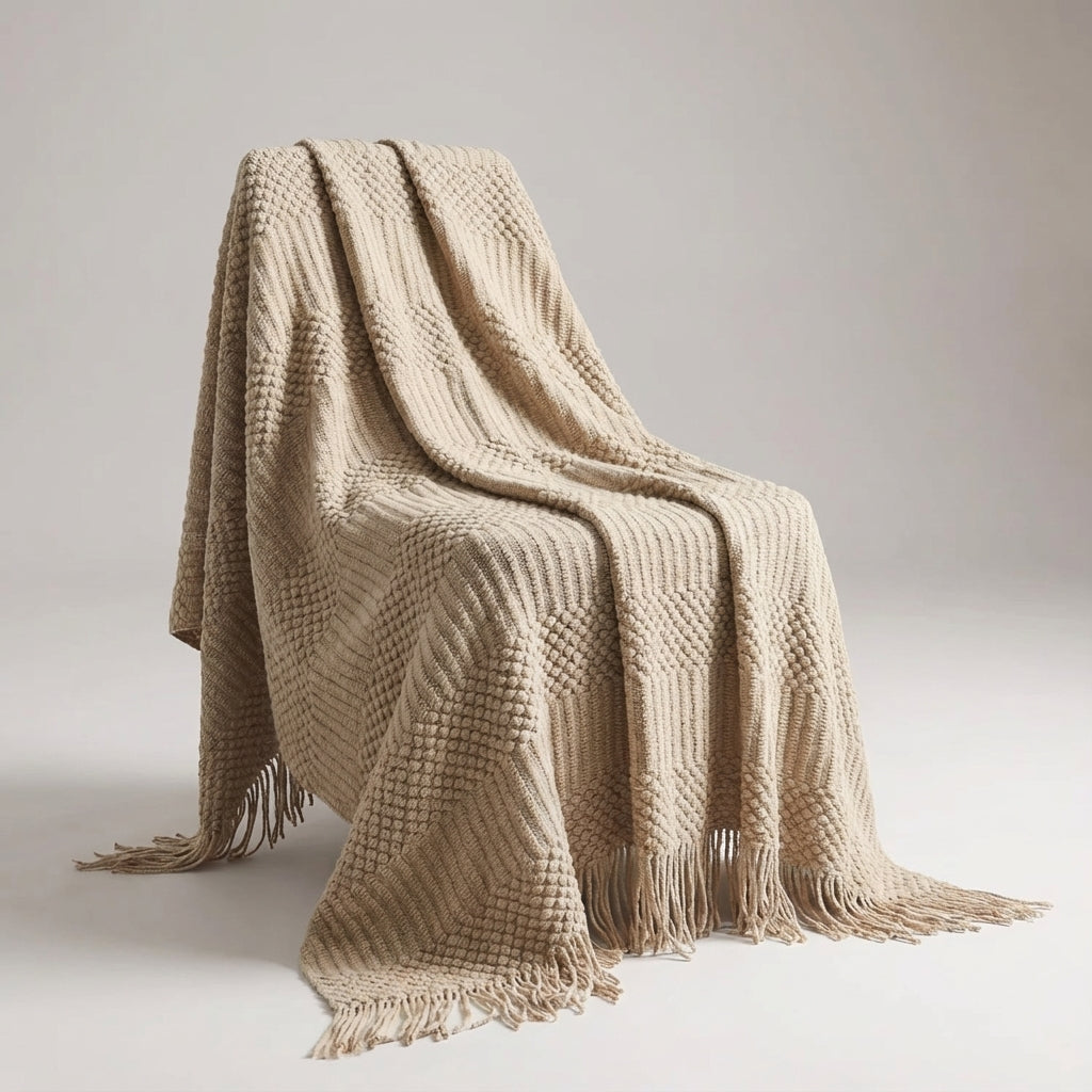 Bunte Strickdecke geometrische Streifen Fransen Bohème-Design