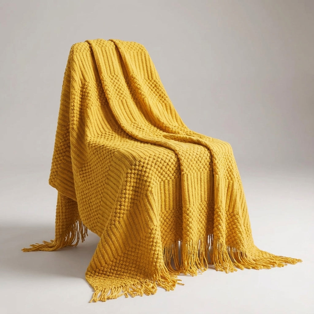 Bunte Strickdecke geometrische Streifen Fransen Bohème-Design