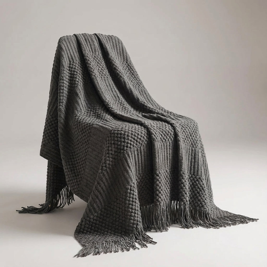 Bunte Strickdecke geometrische Streifen Fransen Bohème-Design