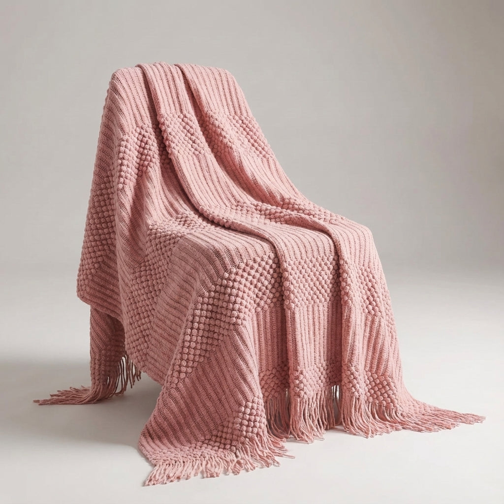 Bunte Strickdecke geometrische Streifen Fransen Bohème-Design
