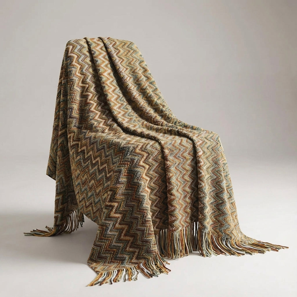 Bunte Strickdecke geometrische Streifen Fransen Bohème-Design