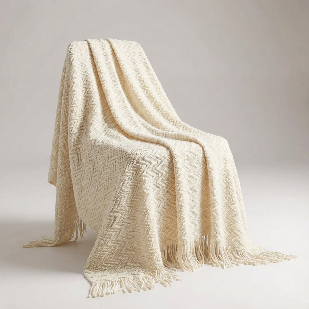 Bunte Strickdecke geometrische Streifen Fransen Bohème-Design