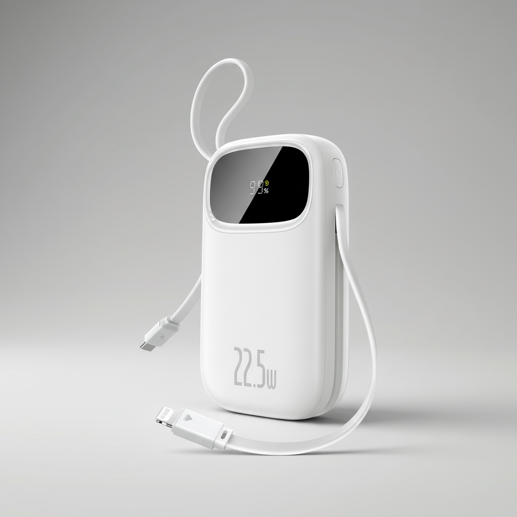 Tragbare Powerbank mit integrierten Kabeln und digitalem Display