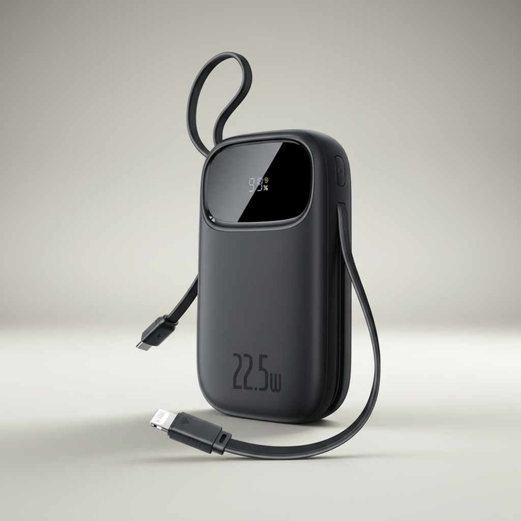 Tragbare Powerbank mit integrierten Kabeln und digitalem Display