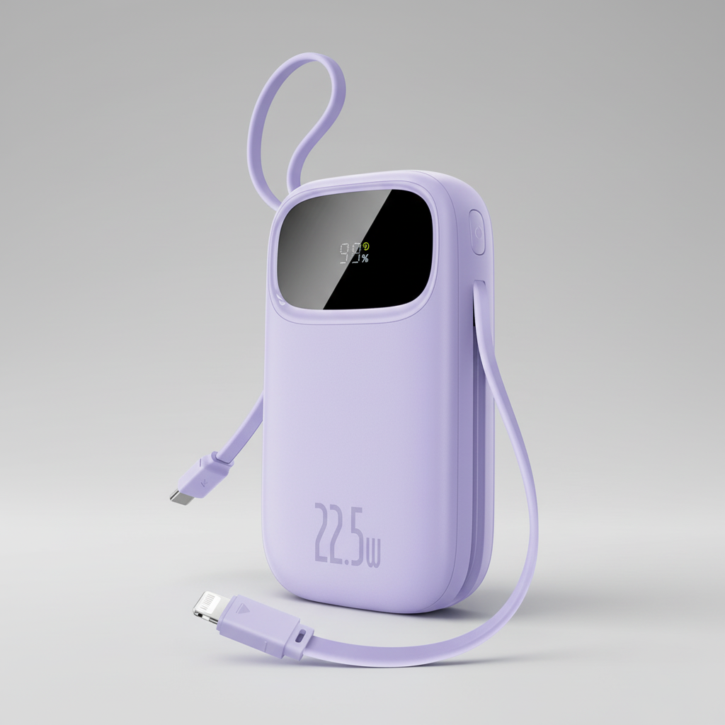 Tragbare Powerbank mit integrierten Kabeln und digitalem Display