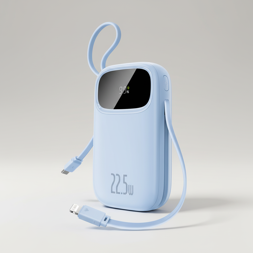 Tragbare Powerbank mit integrierten Kabeln und digitalem Display
