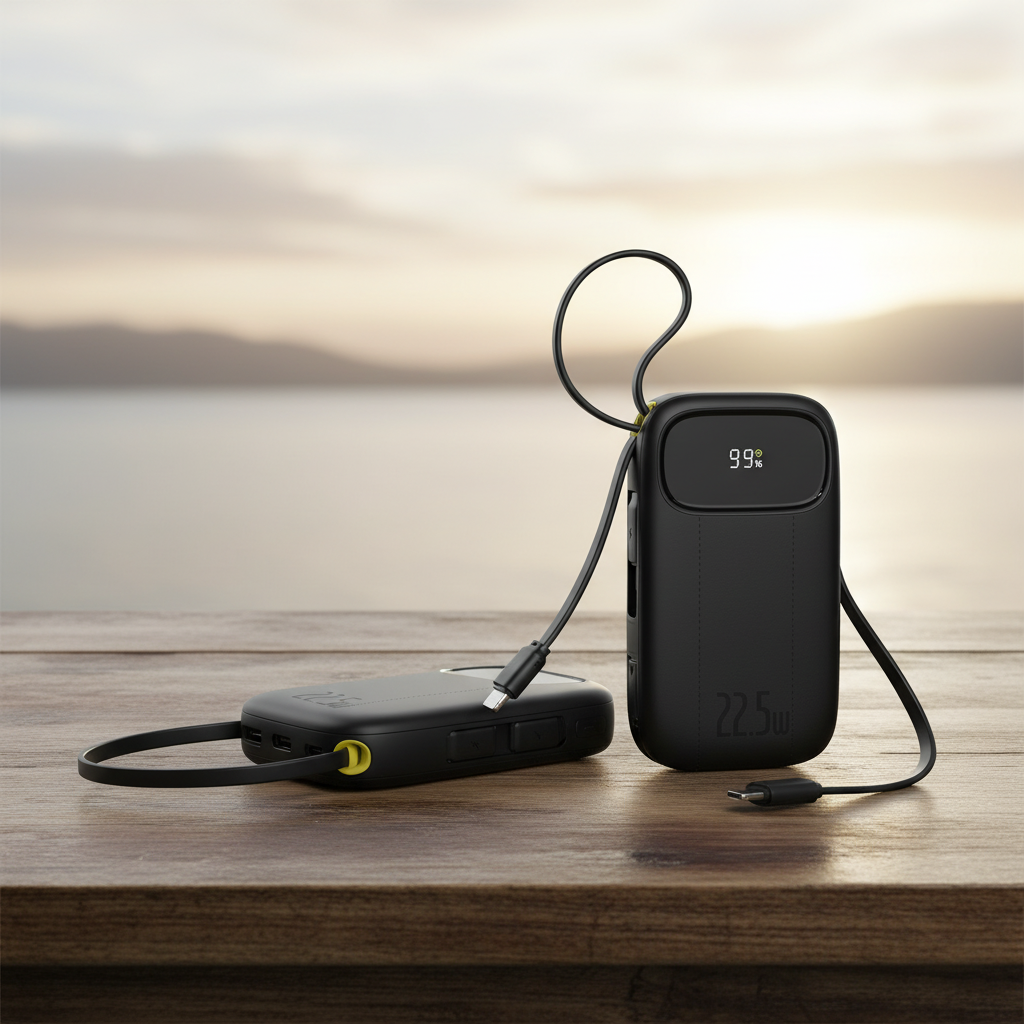 Tragbare Powerbank mit integrierten Kabeln und digitalem Display