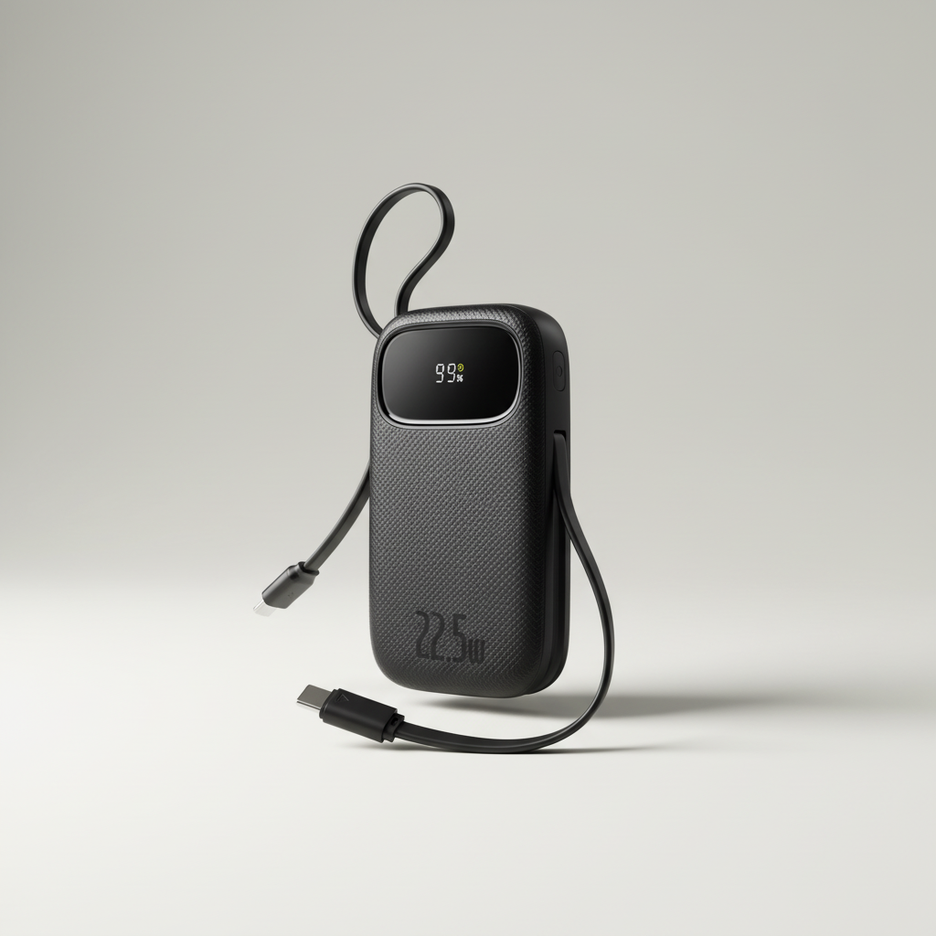 Tragbare Powerbank mit integrierten Kabeln und digitalem Display