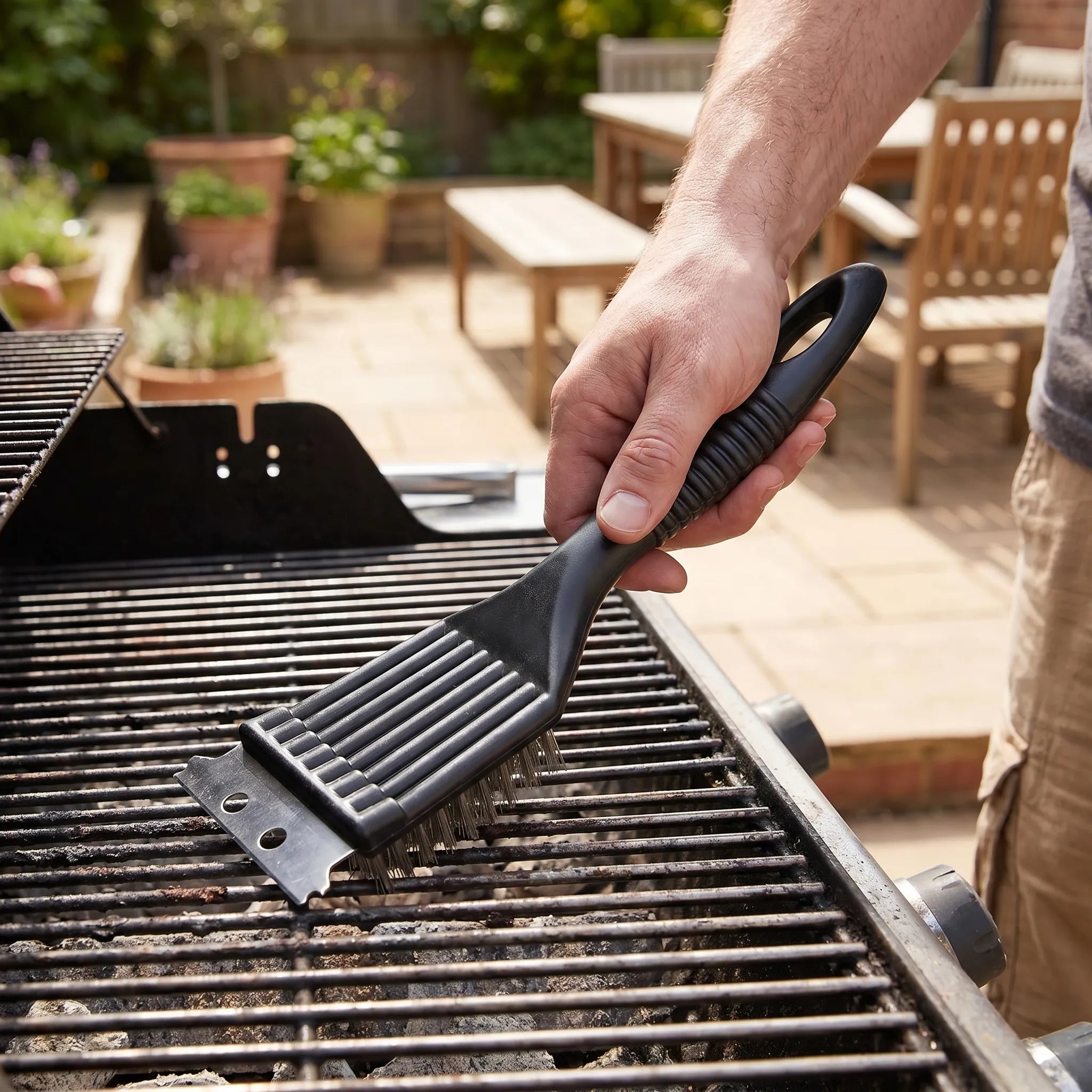 Grillbürste mit Schaberkante steife Borsten rutschfester Griff