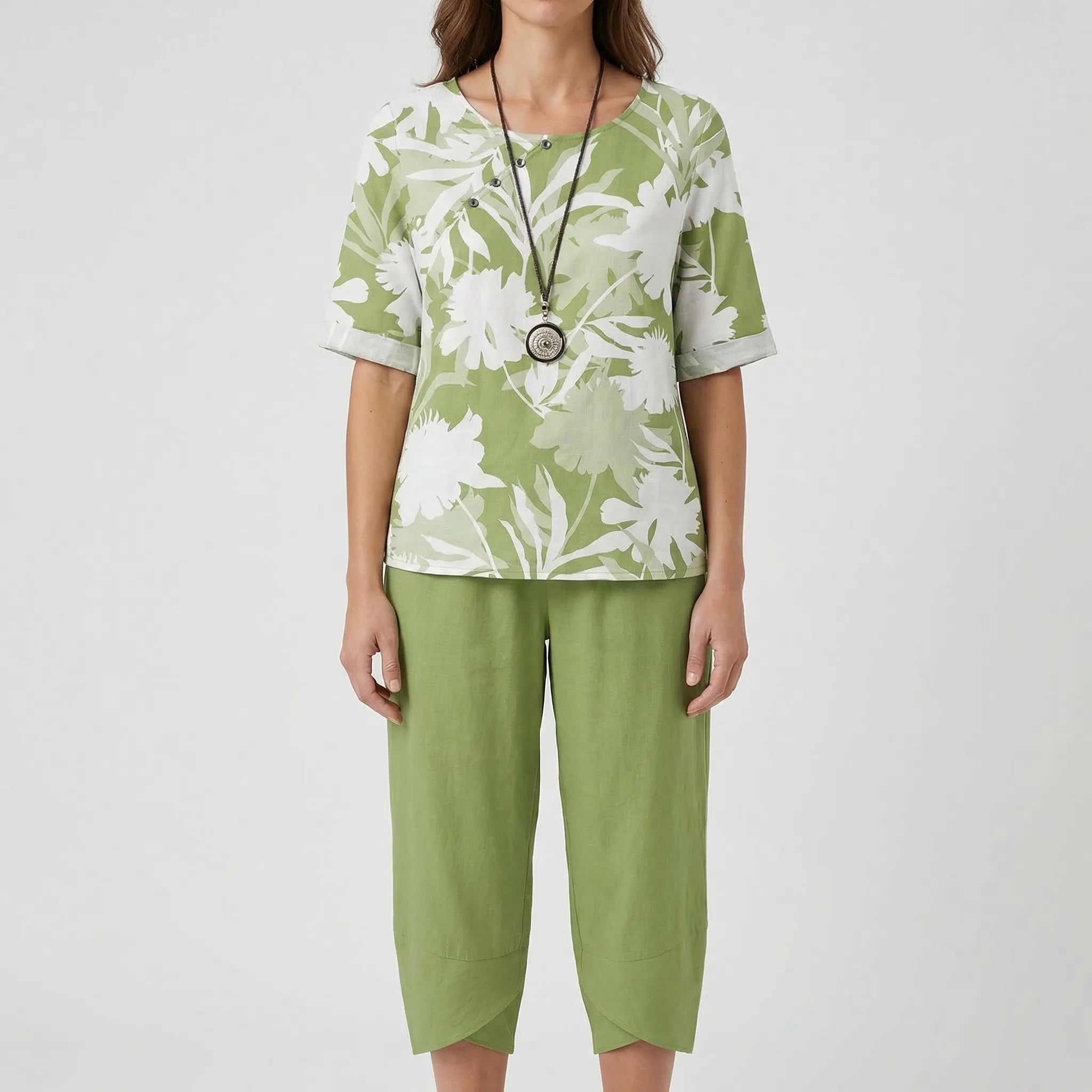 Damen 2-Teiler Set mit Kleeblattdruck Top und High-Waist Hose
