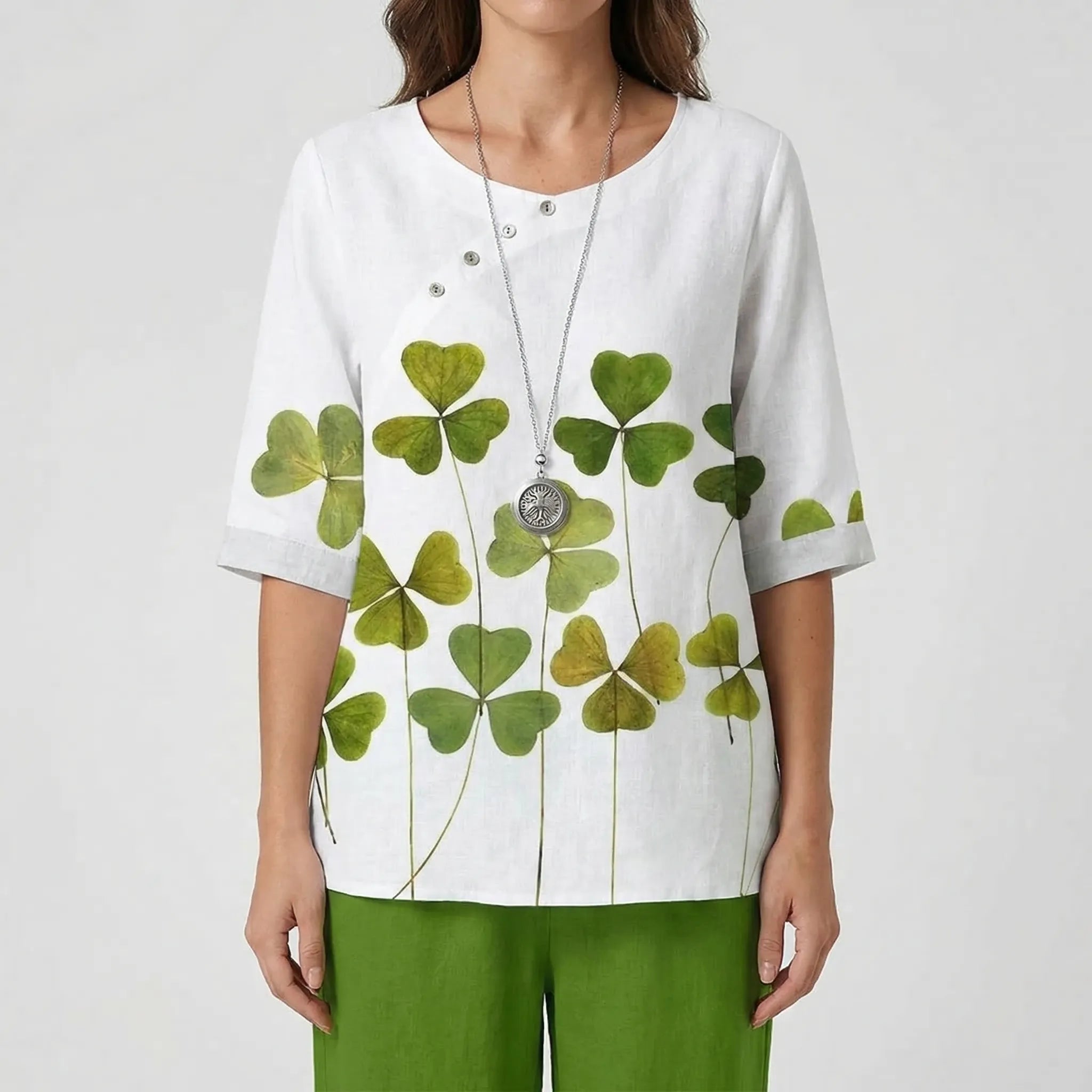 Damen 2-Teiler Set mit Kleeblattdruck Top und High-Waist Hose