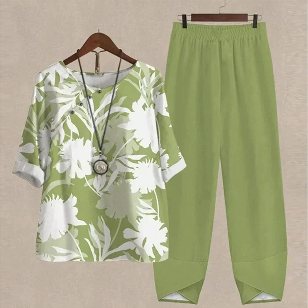 Damen 2-Teiler Set mit Kleeblattdruck Top und High-Waist Hose