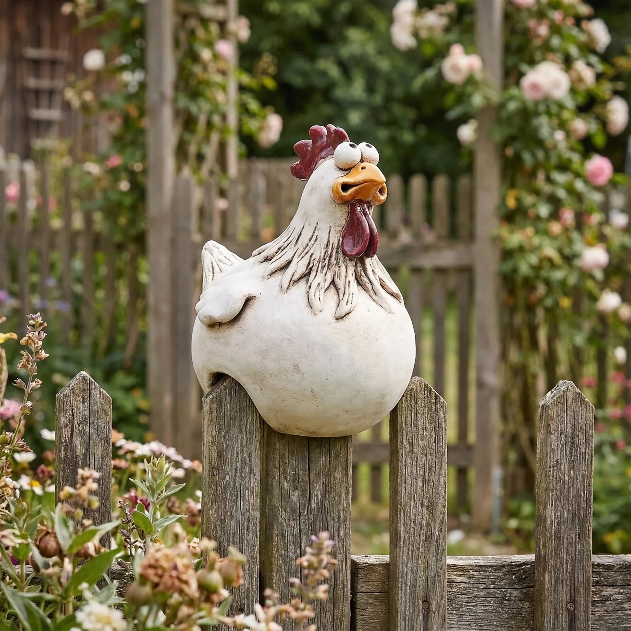 Hühner-Gartenskulpturen für Zäune mit Detailarbeiten und lustige Ausdrücke