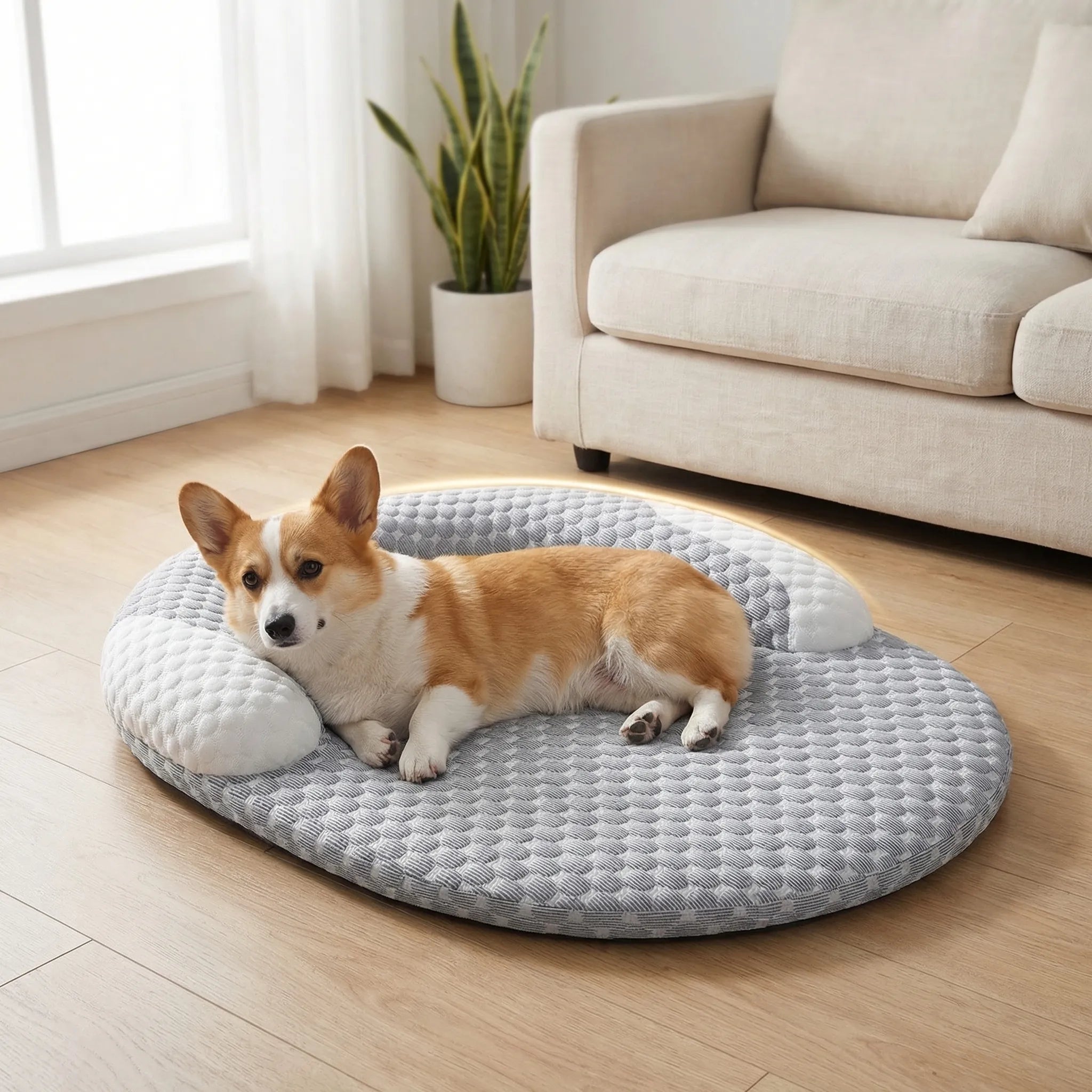 Kühlendes Hundebett im Sofastil mit Wabenstoffoberfläche und Nackenrolle