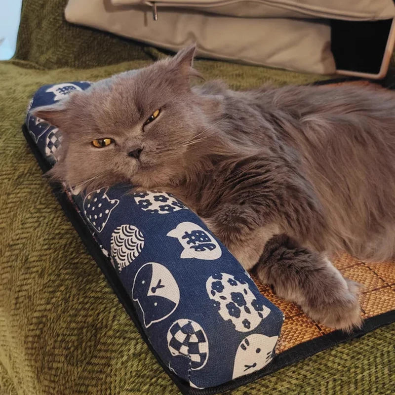 Rattan-Kühlmatte für Haustiere mit Nackenkissen, ideal für Katzen und Hunde