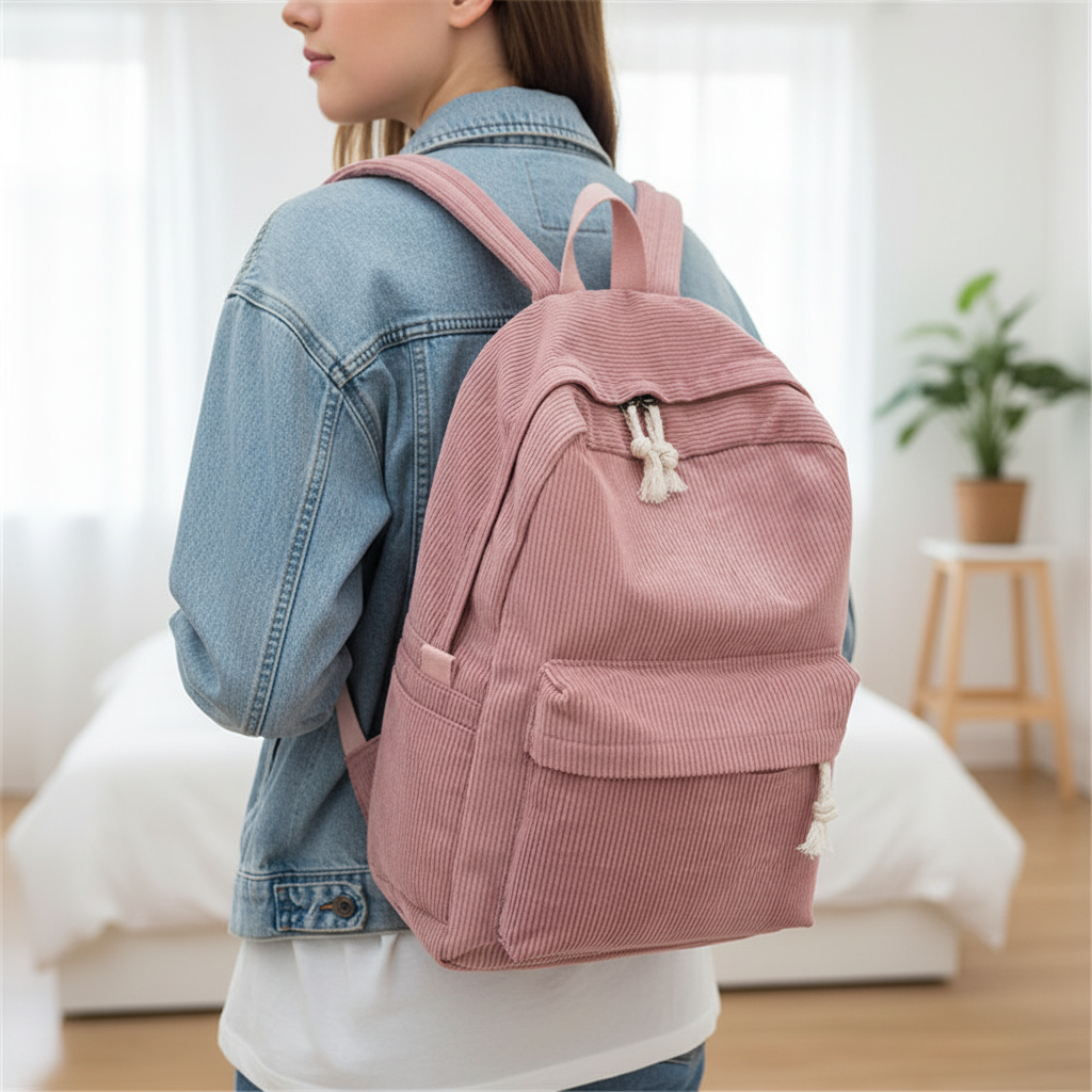 Cord-Rucksack mit weichem Rücken, leichte Bauweise, Reißverschlusstasche
