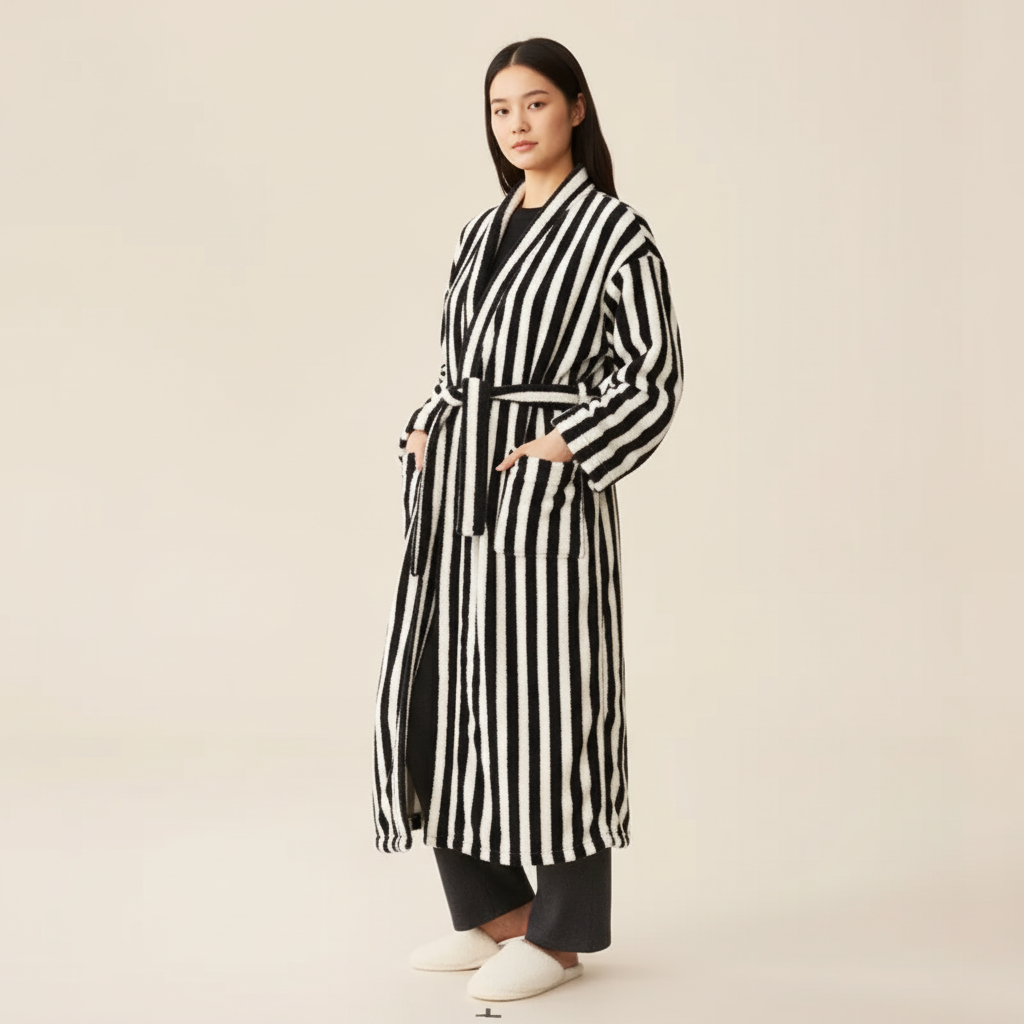 Gestreiftes Bademantel-Set knielang flauschig warme Textur Unisex