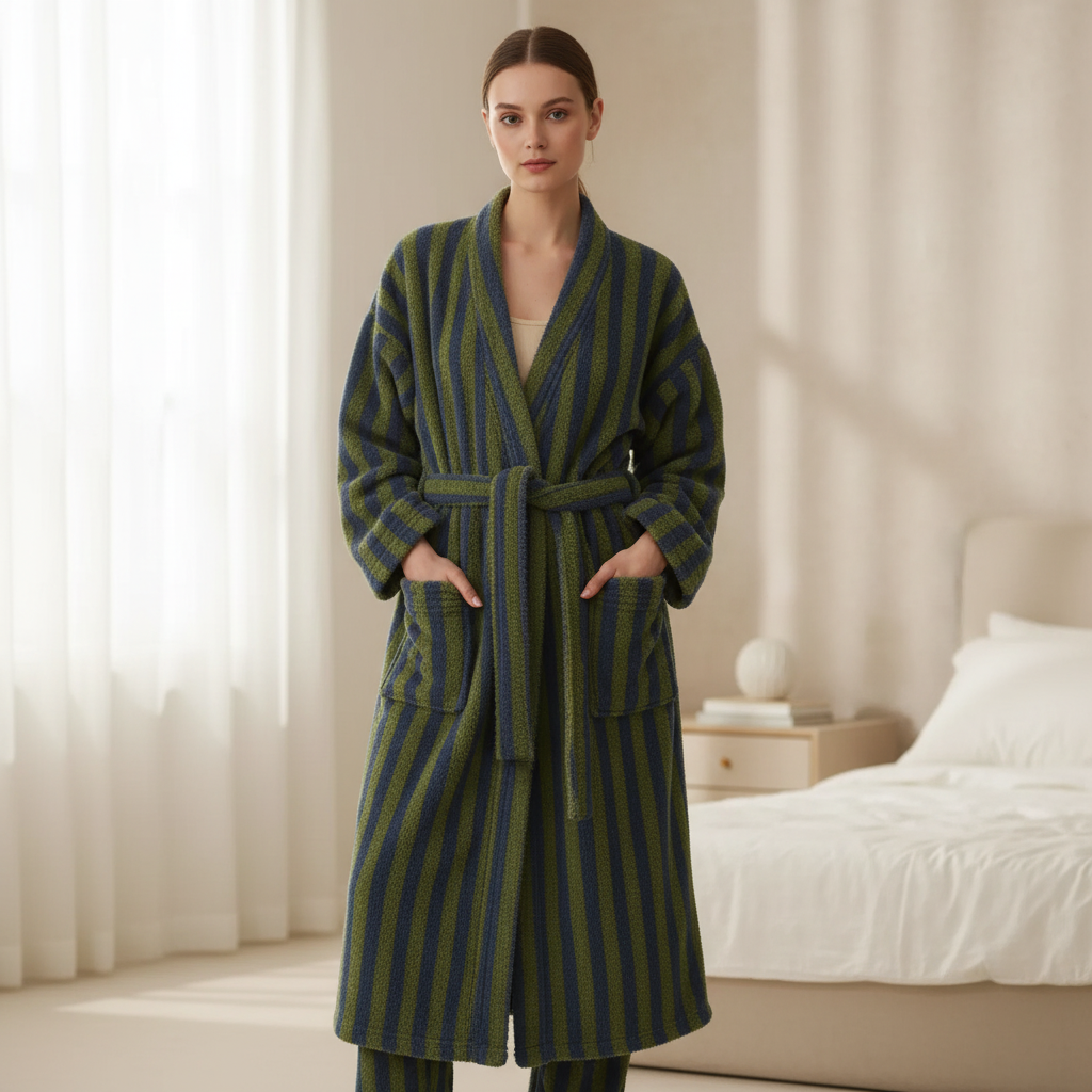 Gestreiftes Bademantel-Set knielang flauschig warme Textur Unisex