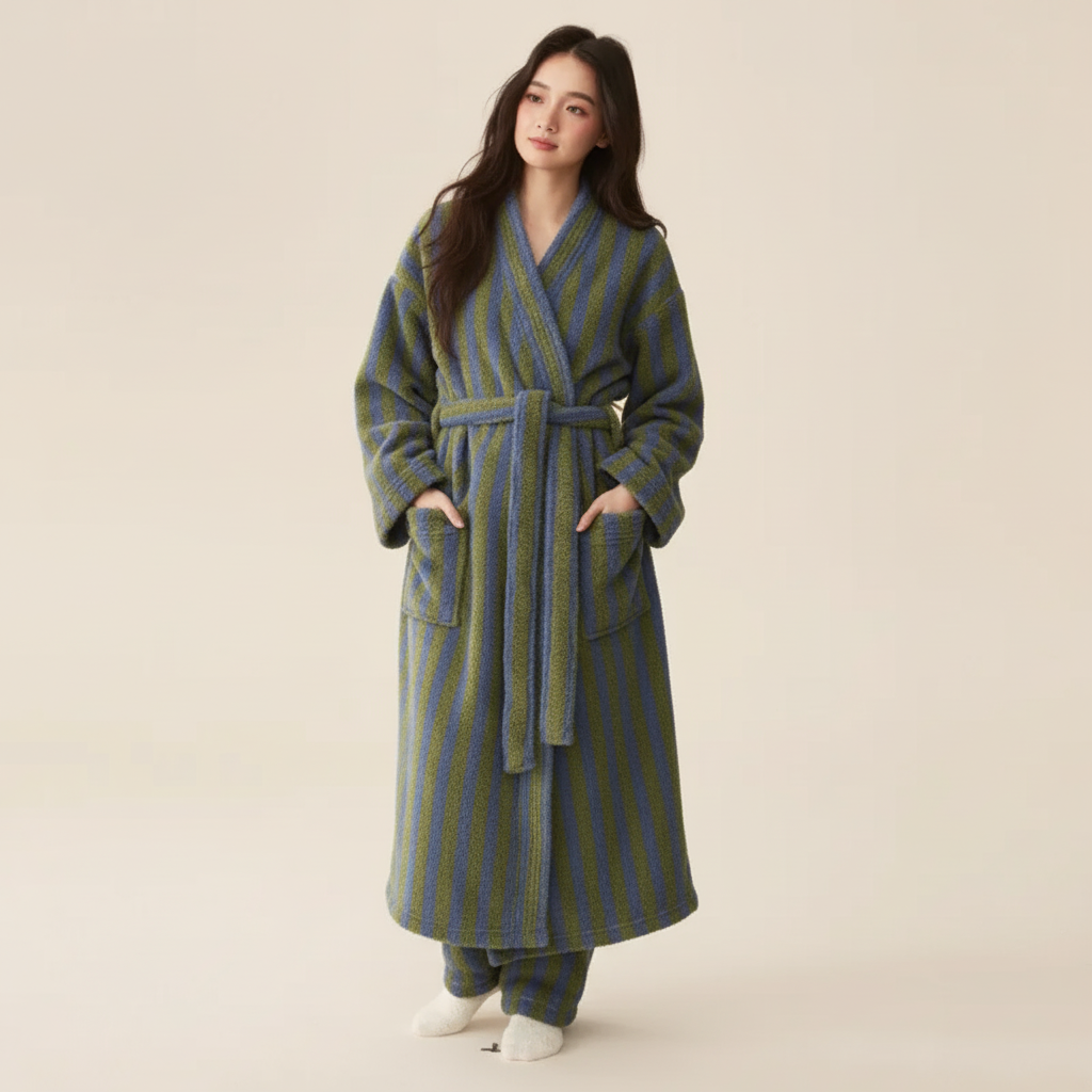 Gestreiftes Bademantel-Set knielang flauschig warme Textur Unisex