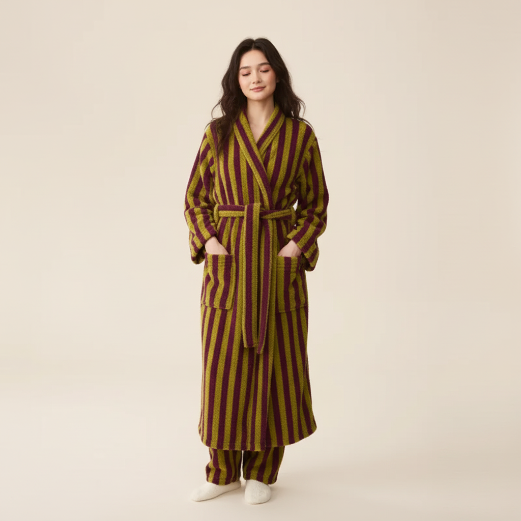 Gestreiftes Bademantel-Set knielang flauschig warme Textur Unisex