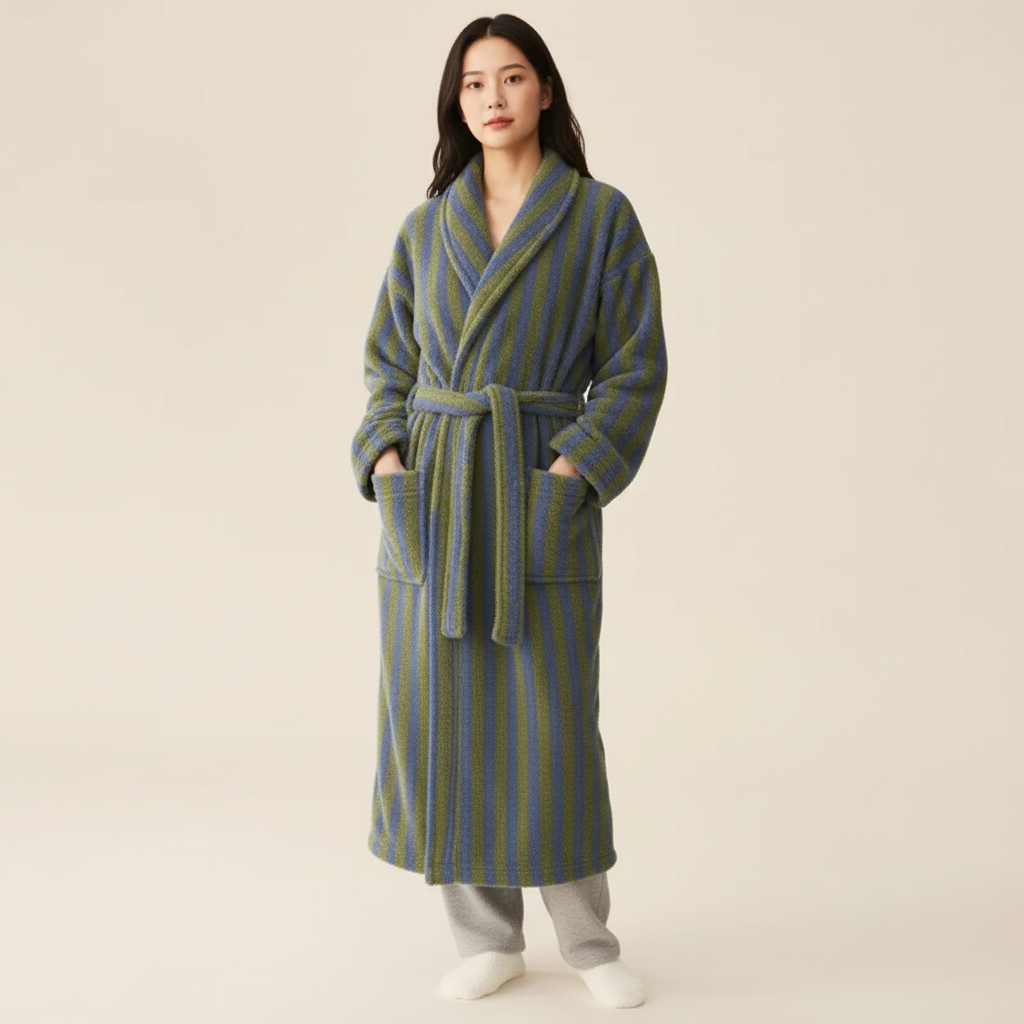Gestreiftes Bademantel-Set knielang flauschig warme Textur Unisex