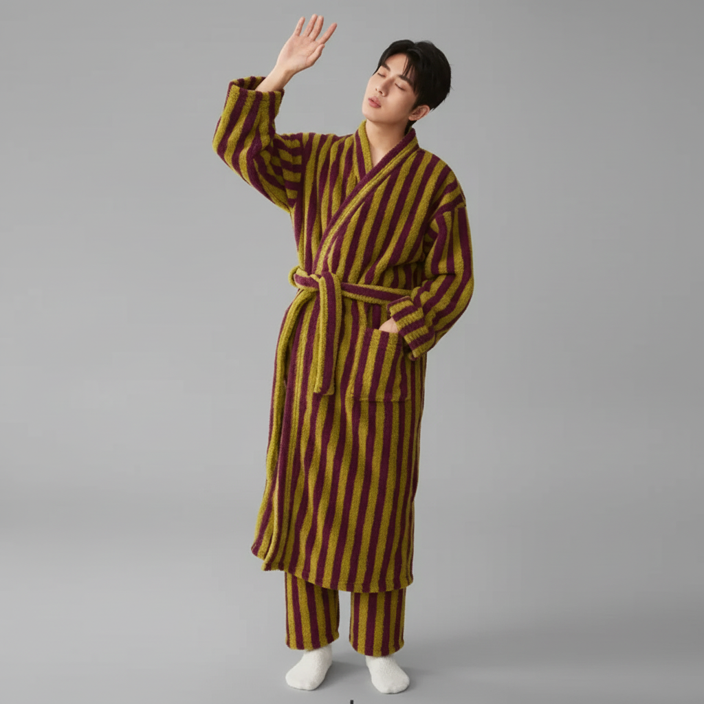 Gestreiftes Bademantel-Set knielang flauschig warme Textur Unisex