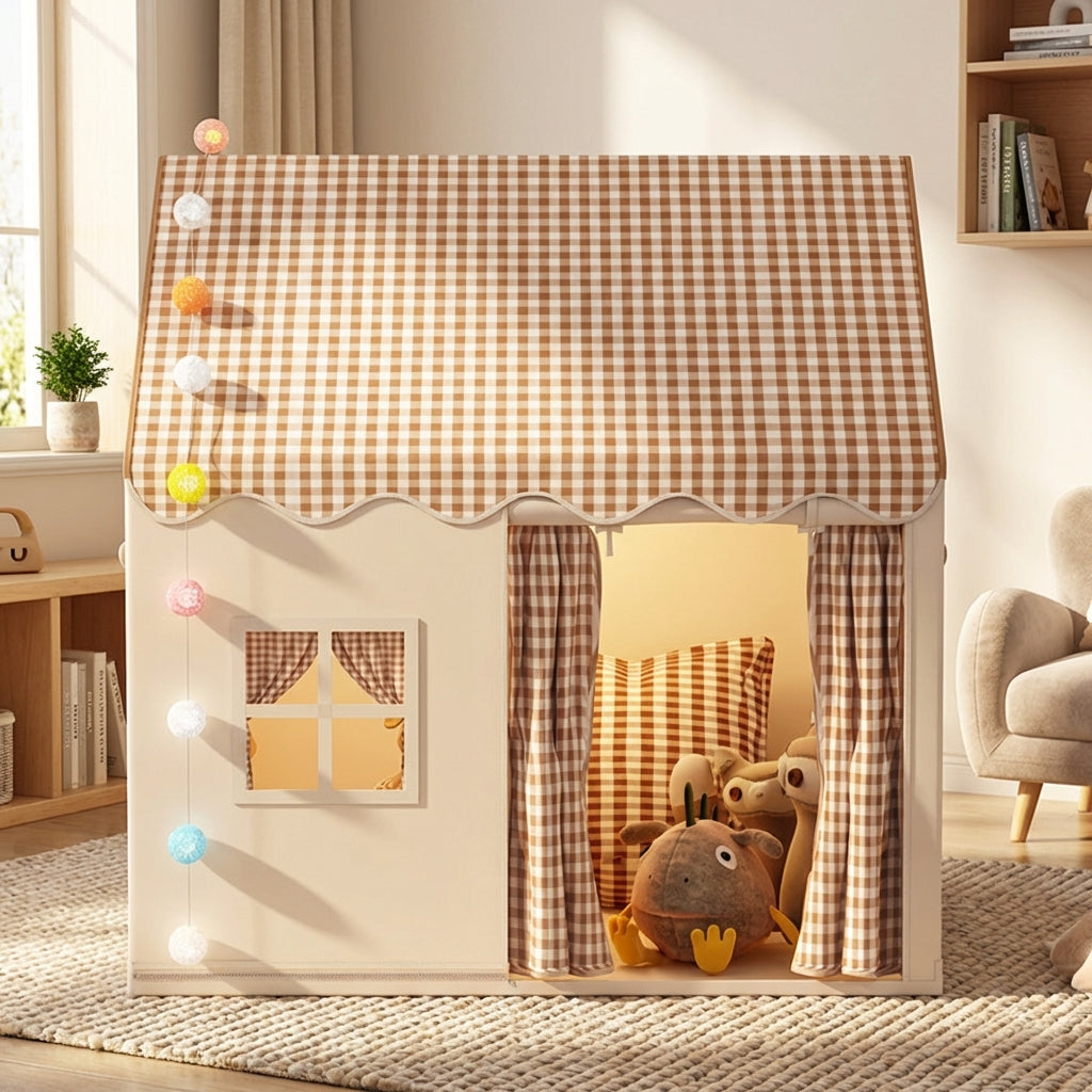 Klappbares Kinderspielzelt mit Schloss-Dach und Gingham-Muster