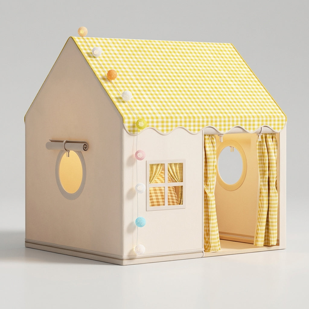 Klappbares Kinderspielzelt mit Schloss-Dach und Gingham-Muster