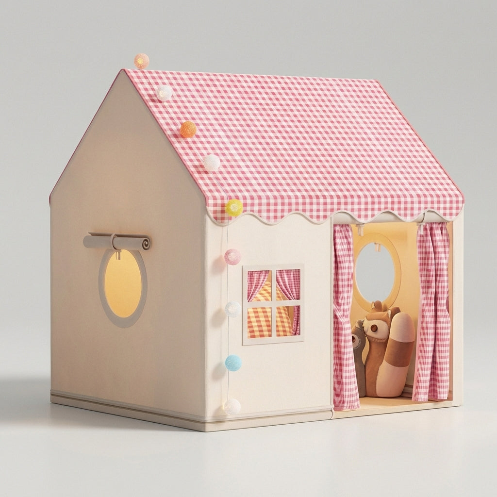 Klappbares Kinderspielzelt mit Schloss-Dach und Gingham-Muster