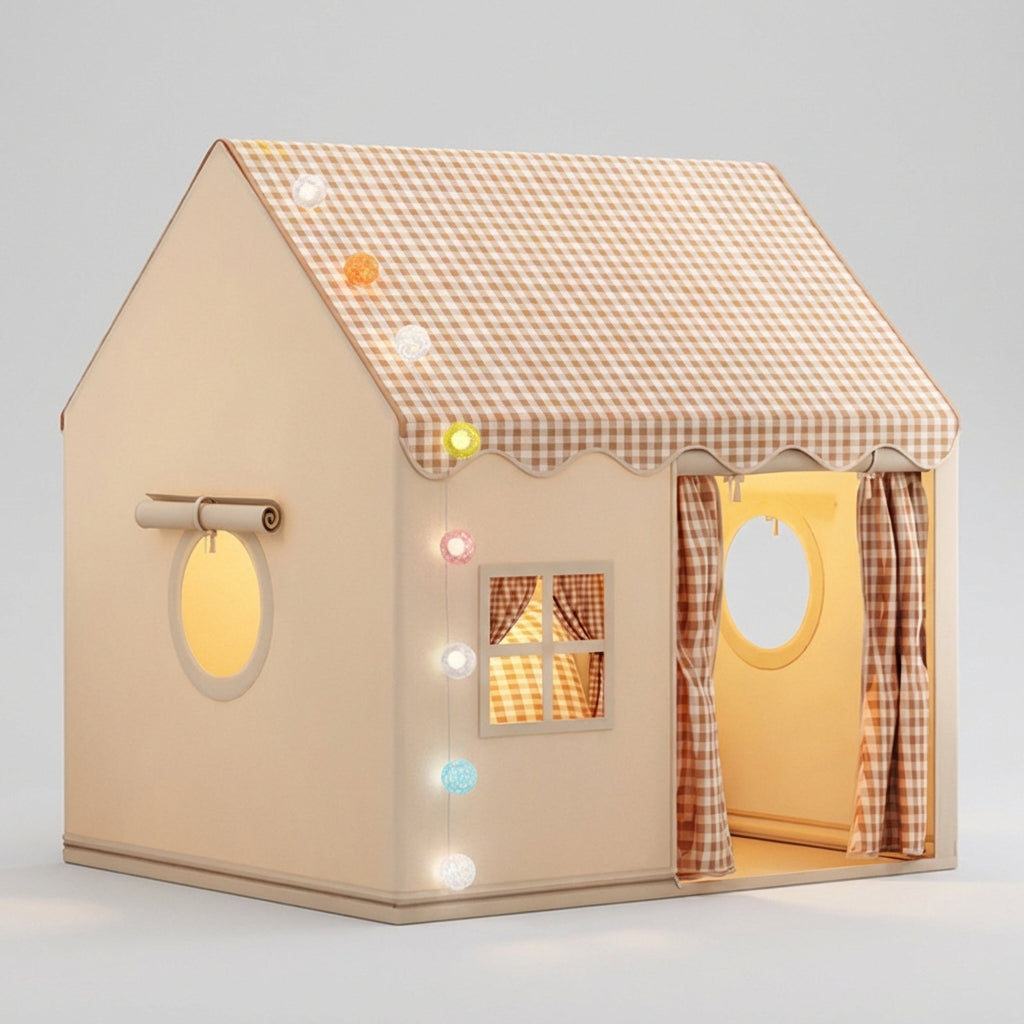 Klappbares Kinderspielzelt mit Schloss-Dach und Gingham-Muster