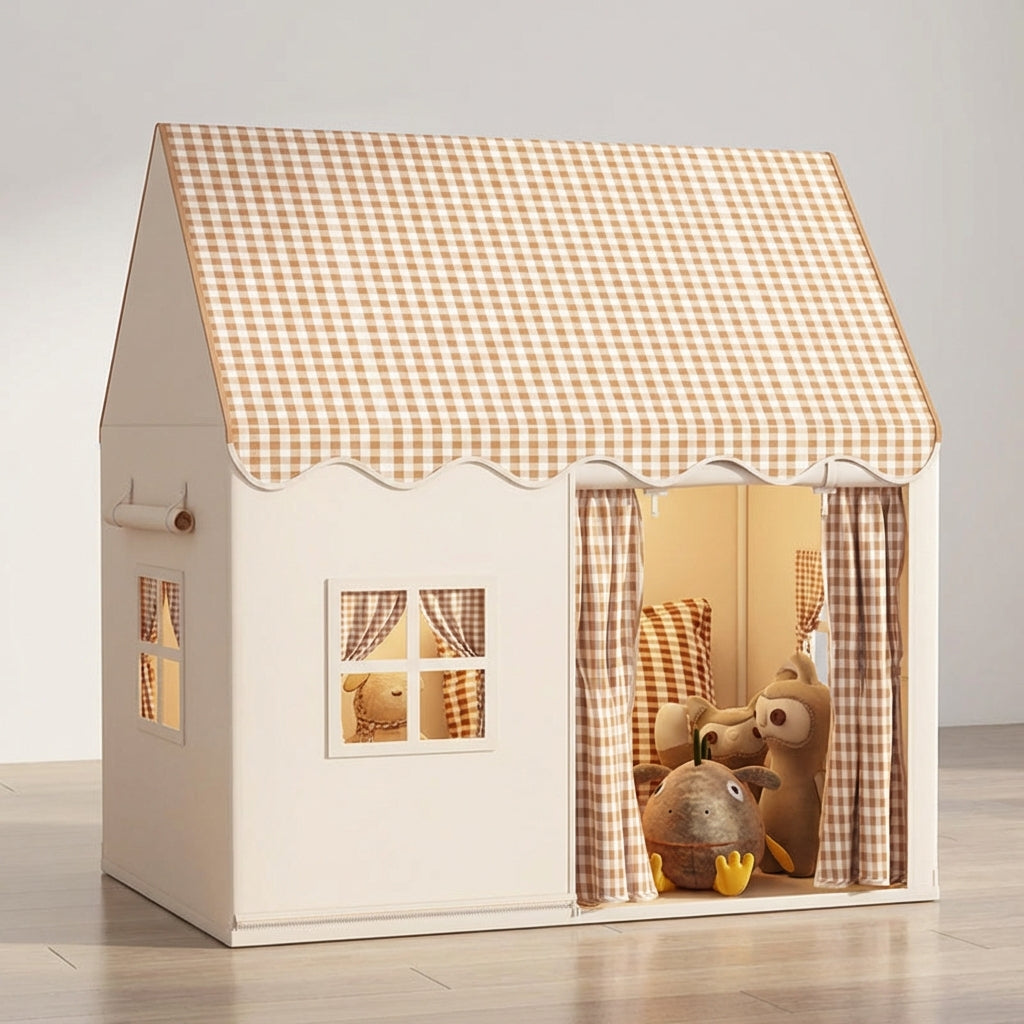 Klappbares Kinderspielzelt mit Schloss-Dach und Gingham-Muster